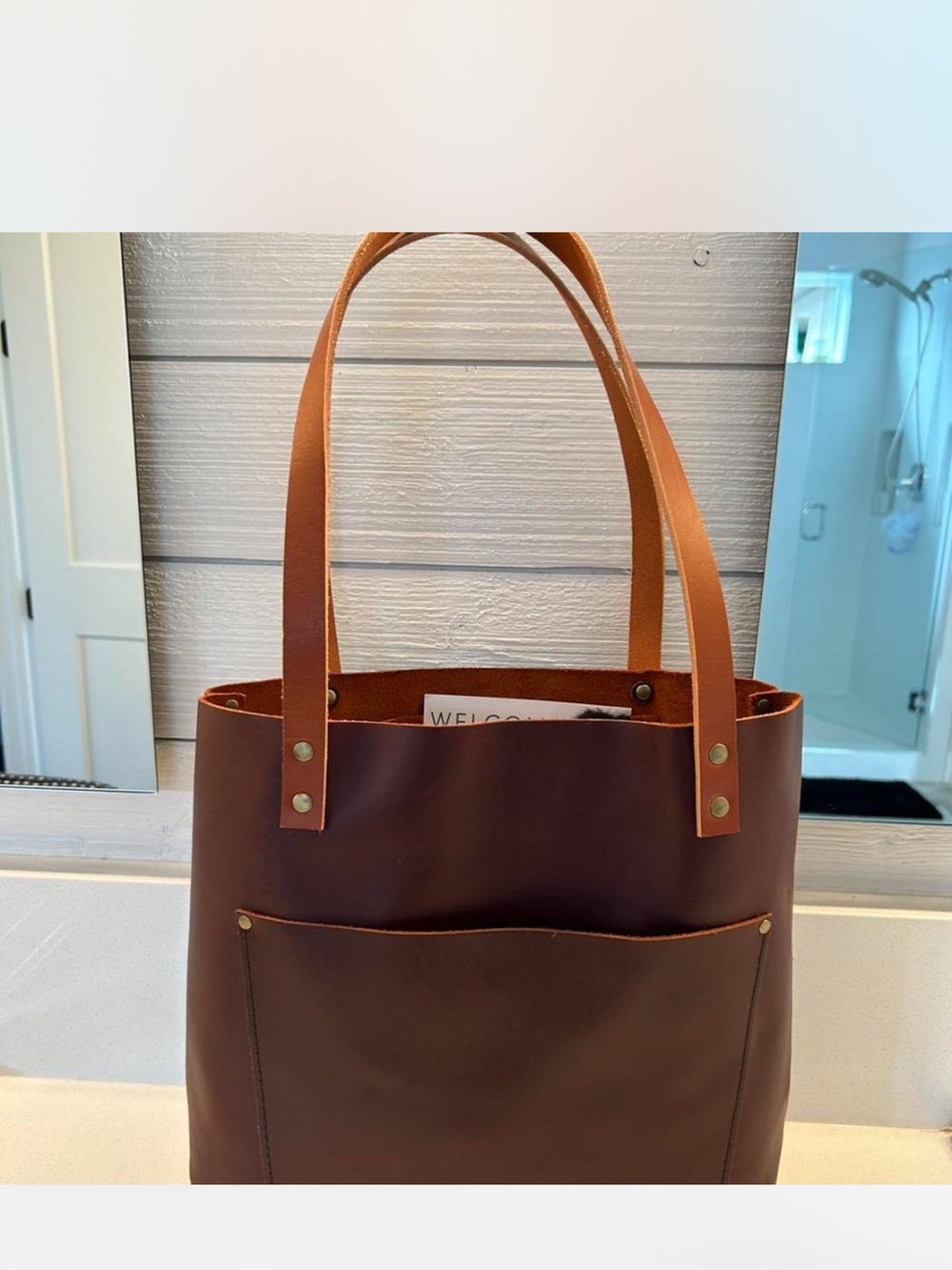 NWOT Portland Leather Two-Tone Brown Leather Tote with Tan Straps